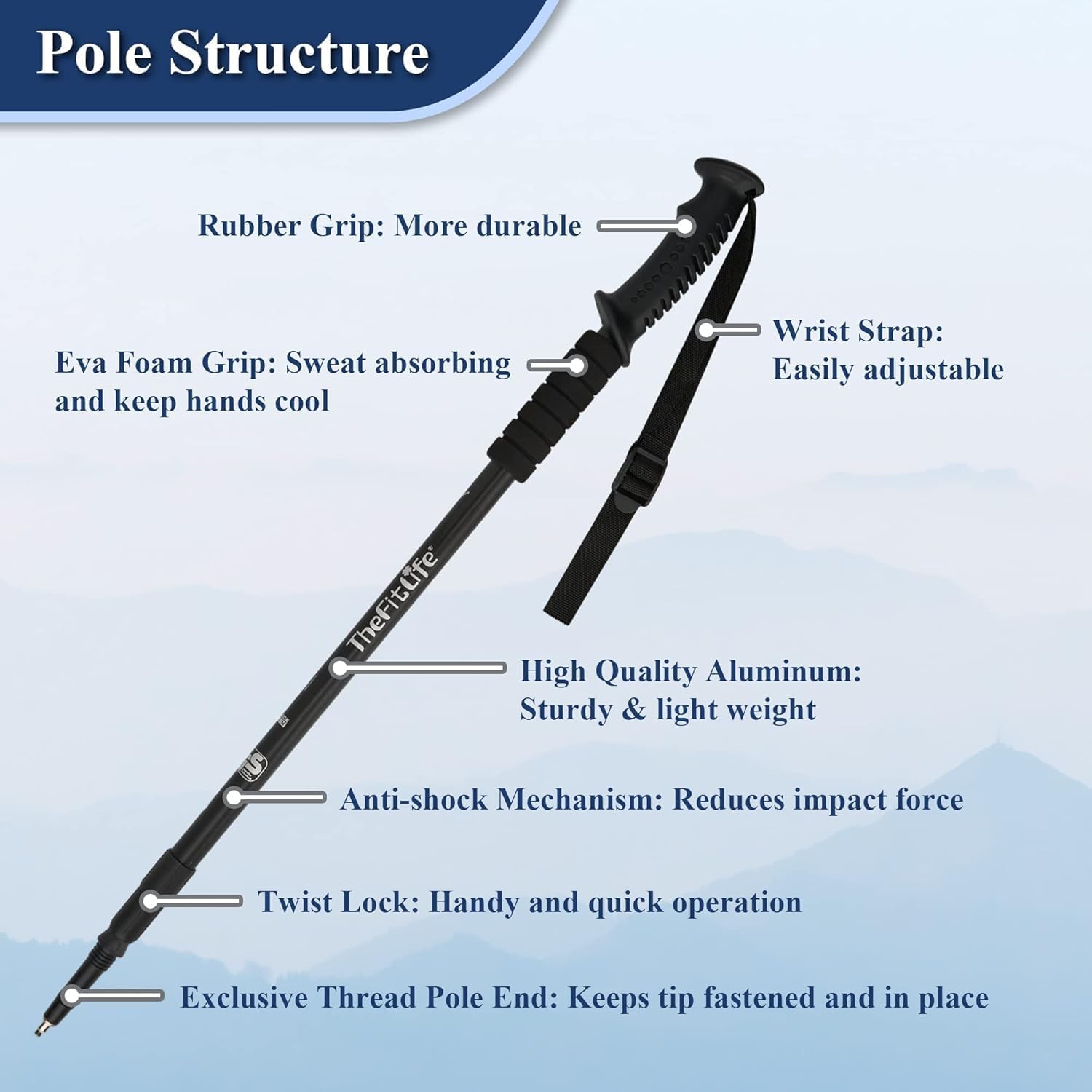 Walking Trekking Poles - 2 Sticks with Anti-Shock and Quick Lock System, Telescopic, Collapsible, Ultralight for Hiking, Camping, Mountaining, Backpacking, Walking, Trekking