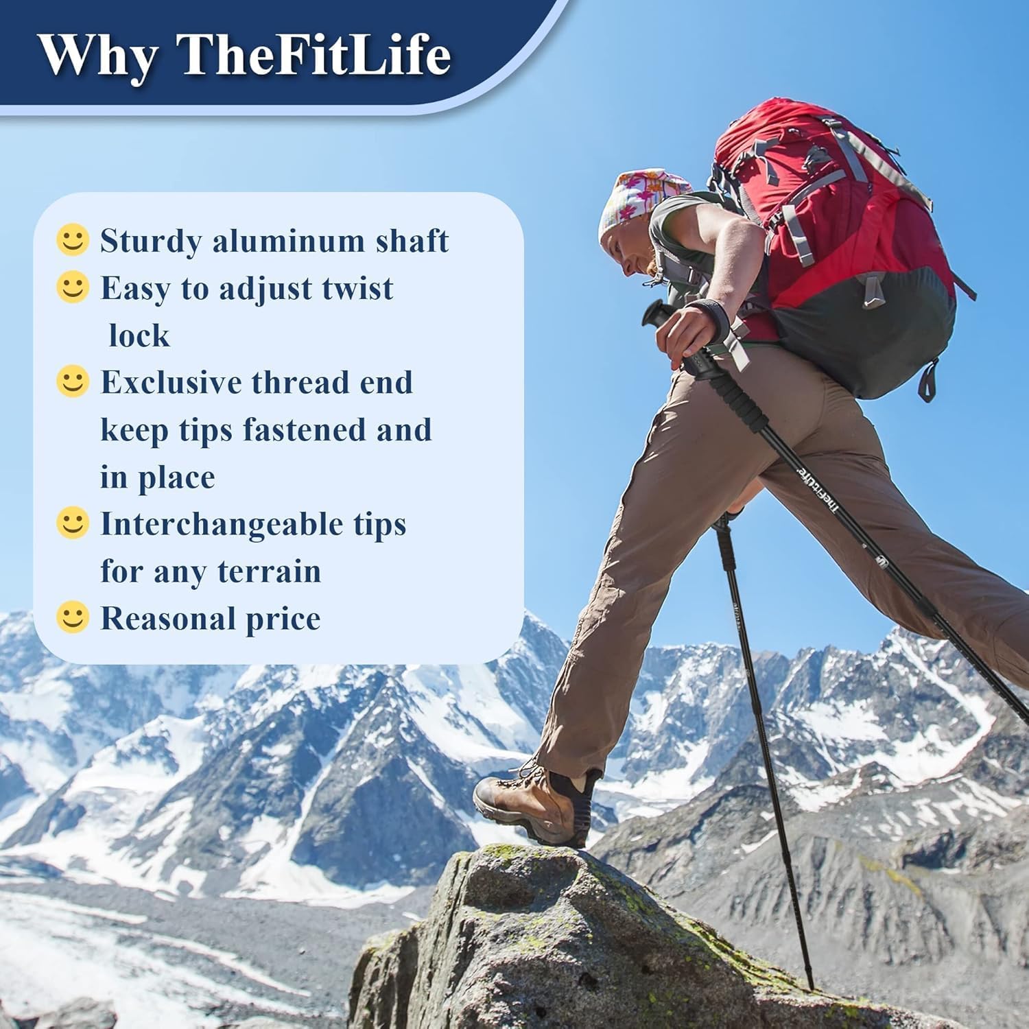 Walking Trekking Poles - 2 Sticks with Anti-Shock and Quick Lock System, Telescopic, Collapsible, Ultralight for Hiking, Camping, Mountaining, Backpacking, Walking, Trekking