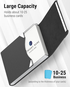 Business Card Holder, PU Leather & Stainless Steel Business Card Case for Men or Women, Slim Name Cards Holder RFID Blocking Credit Cards Carrier with Magnetic Closure, Black Carbon
