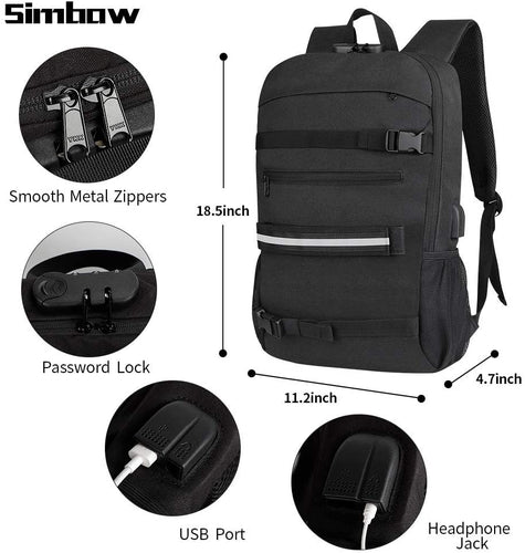 Multi-functional Skateboard Backpack Laptop Rucksack, Water Resistant