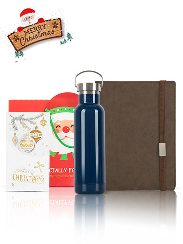 A5 Notebook, Blue water bottle, Christmas Gift Card, Bag