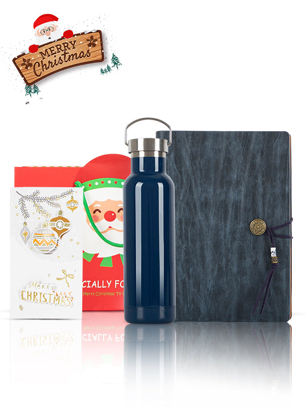 A5 Notebook, Blue water bottle, Christmas Gift Card, Bag