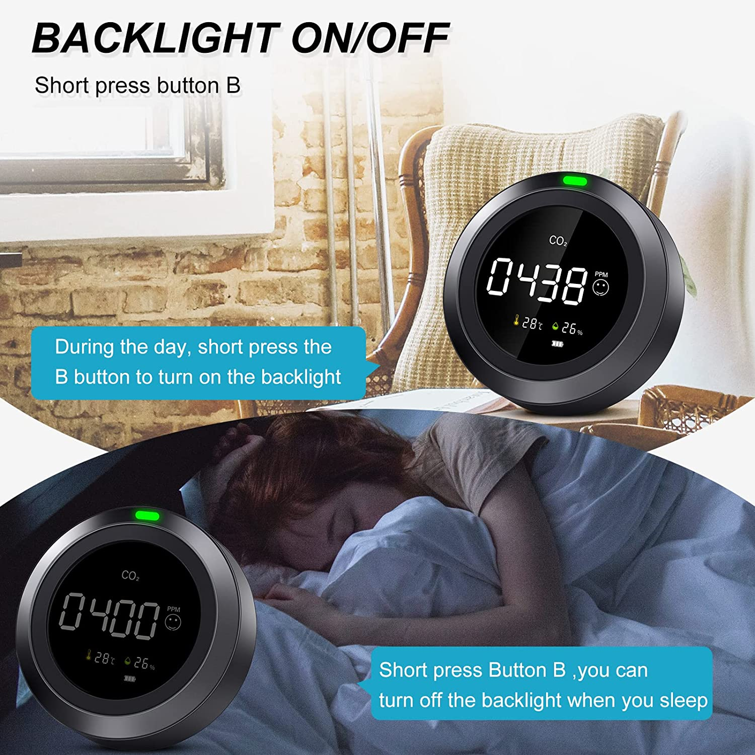 Therm La Mode CO2 messgerät  3-in-1 Messgerät luftqualität, Erkennt Kohlendioxidtemperatur Und Feuchtigkeit, CO2 messgerät raumluft Mit Präzisem NDIR-Sensor, Geeignet Für Zuhause, Büro Und Schule