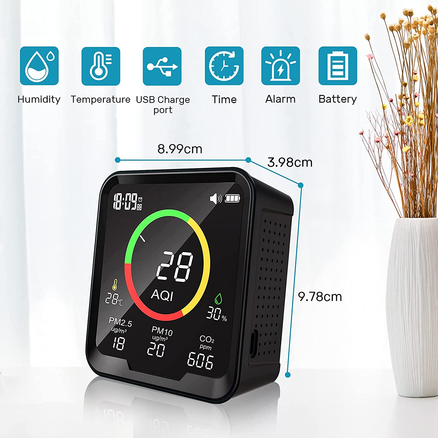 Therm La Mode Multifunktions Luftqualität Messgerät Erkennt PM 2.5, PM 10, CO2, AQI, Temperatur und Luftfeuchtigkeit, NDIR- und Partikelsensor CO2 messgerät ,Echtzeitanzeige Feinstaubmessgerät