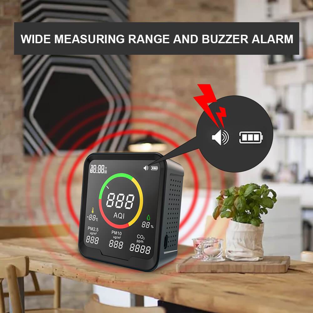 Carefor CF-9A Portable Air Quality Monitor For AQI, PM2.5, PM10, CO2, Temp and Humidity,With Buzzer Alarm